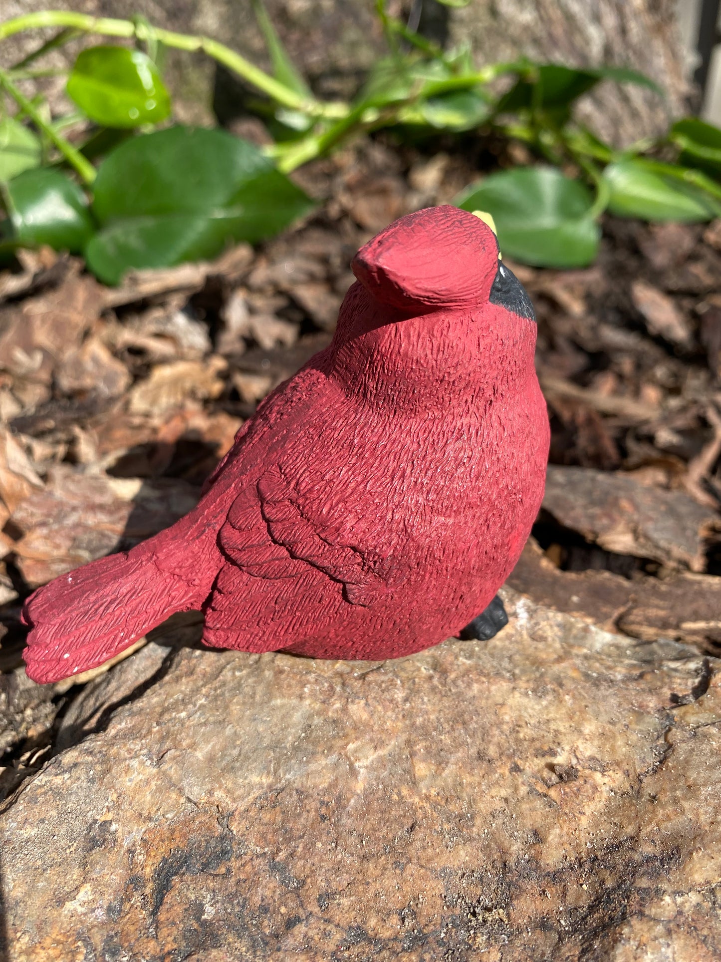 Handmade cement cardinal figurine, hand-painted in vibrant red, perfect for garden decor or indoor display.