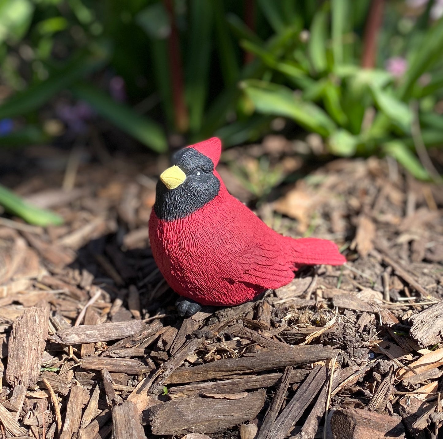 Handmade cement cardinal figurine, hand-painted in vibrant red, perfect for garden decor or indoor display.