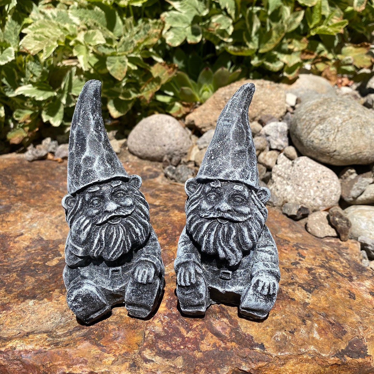 Handmade concrete garden gnome pair, perfect for outdoor decor. Cement gnome statues for yard, patio, or garden decoration