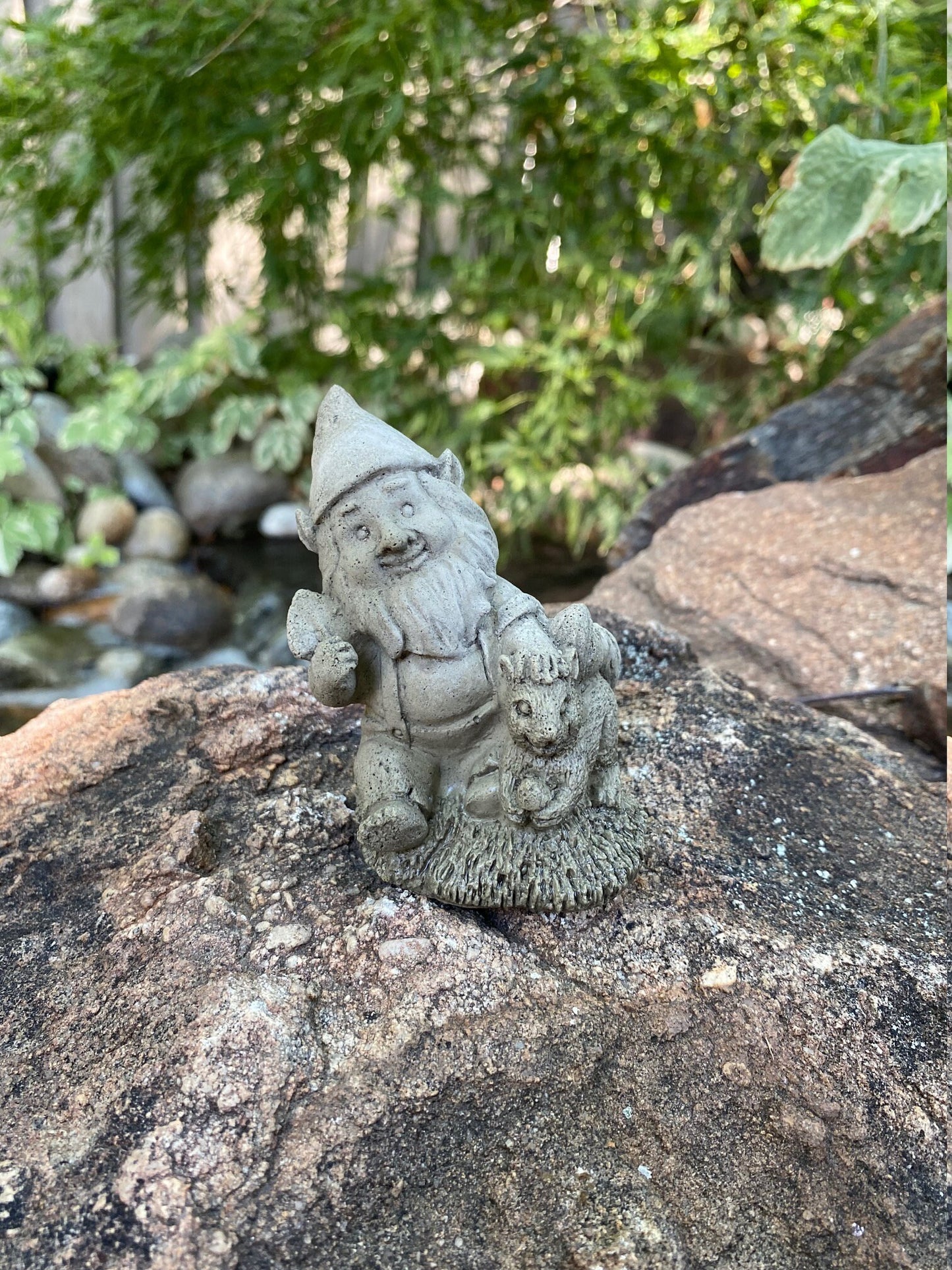 Handmade Garden Gnome with Squirrel Cement Statue
