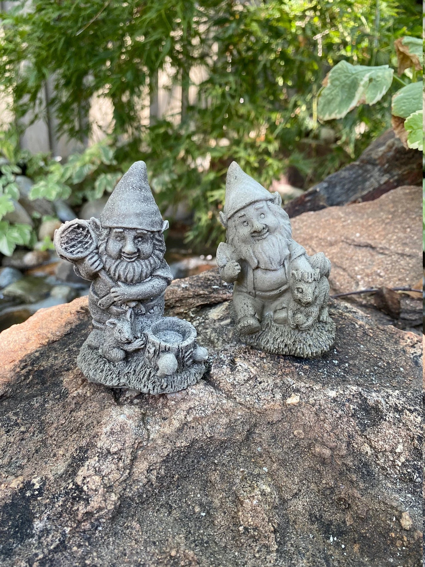 Three Garden Gnome Set Cement Figurines