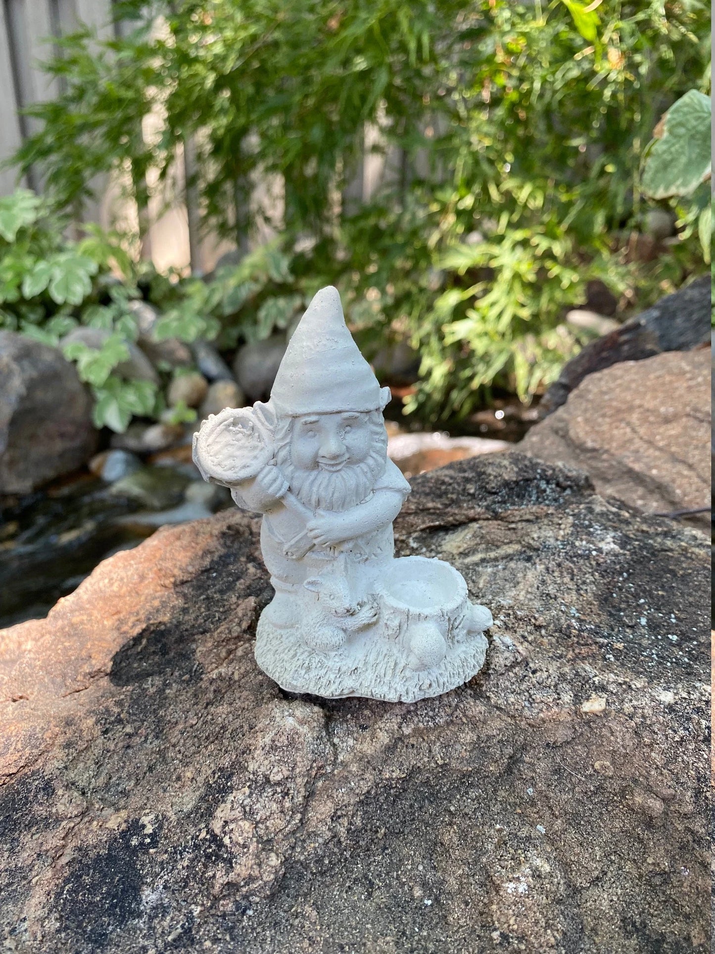 Three Garden Gnome Set Cement Figurines