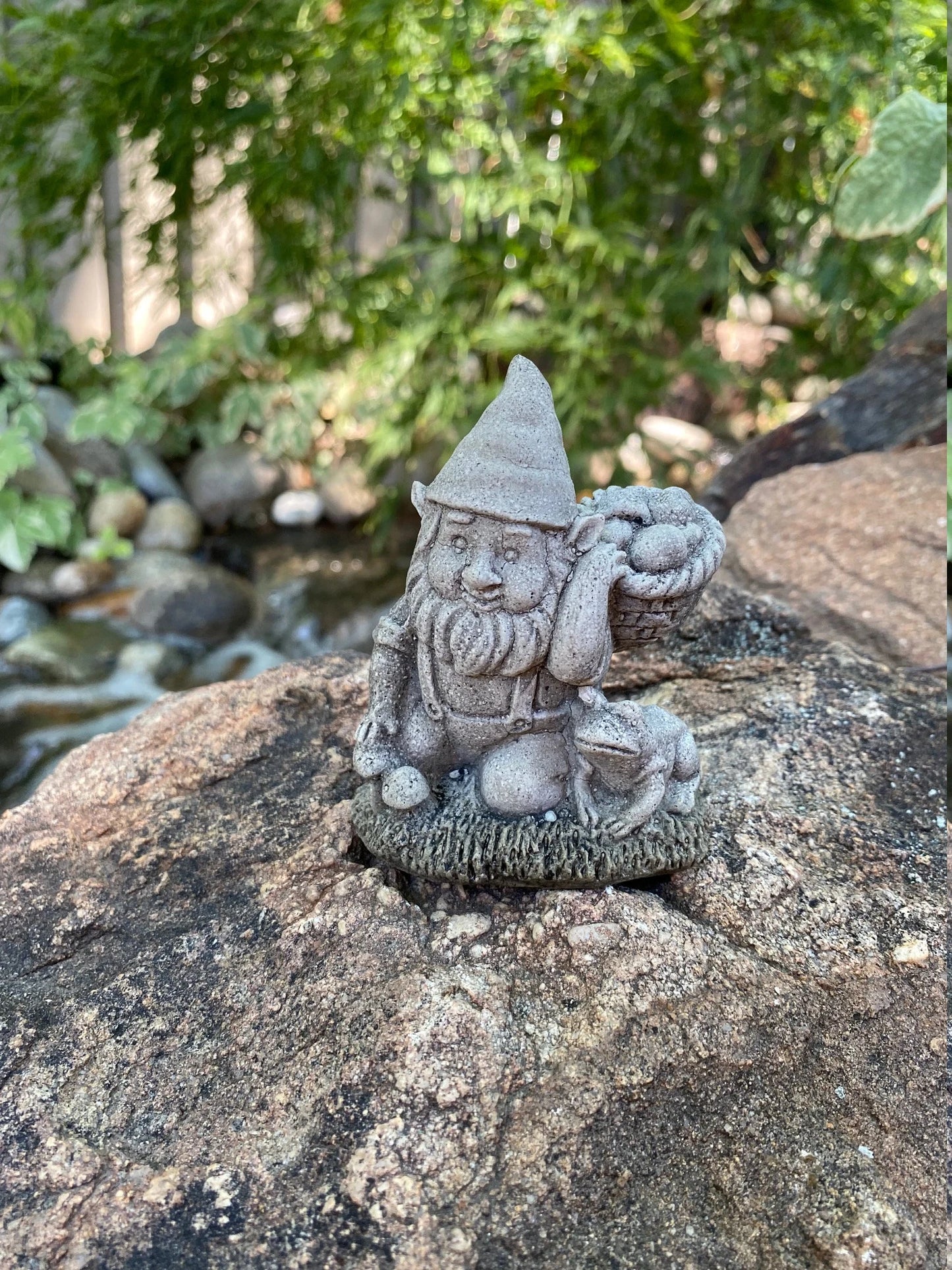 Three Garden Gnome Set Cement Figurines