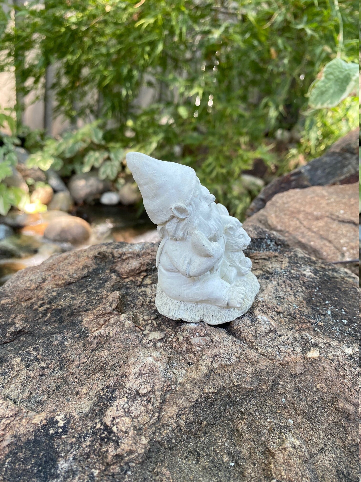 Handmade Garden Gnome with Squirrel Cement Statue