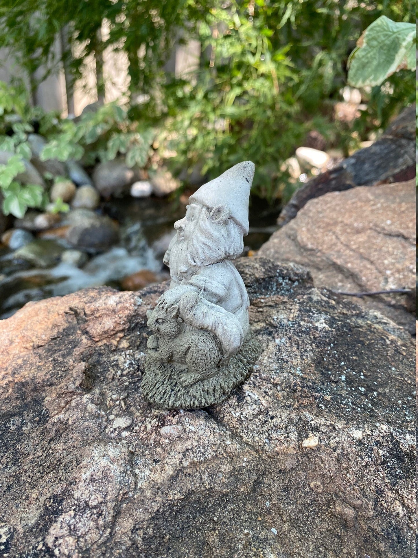 Handmade Garden Gnome with Squirrel Cement Statue