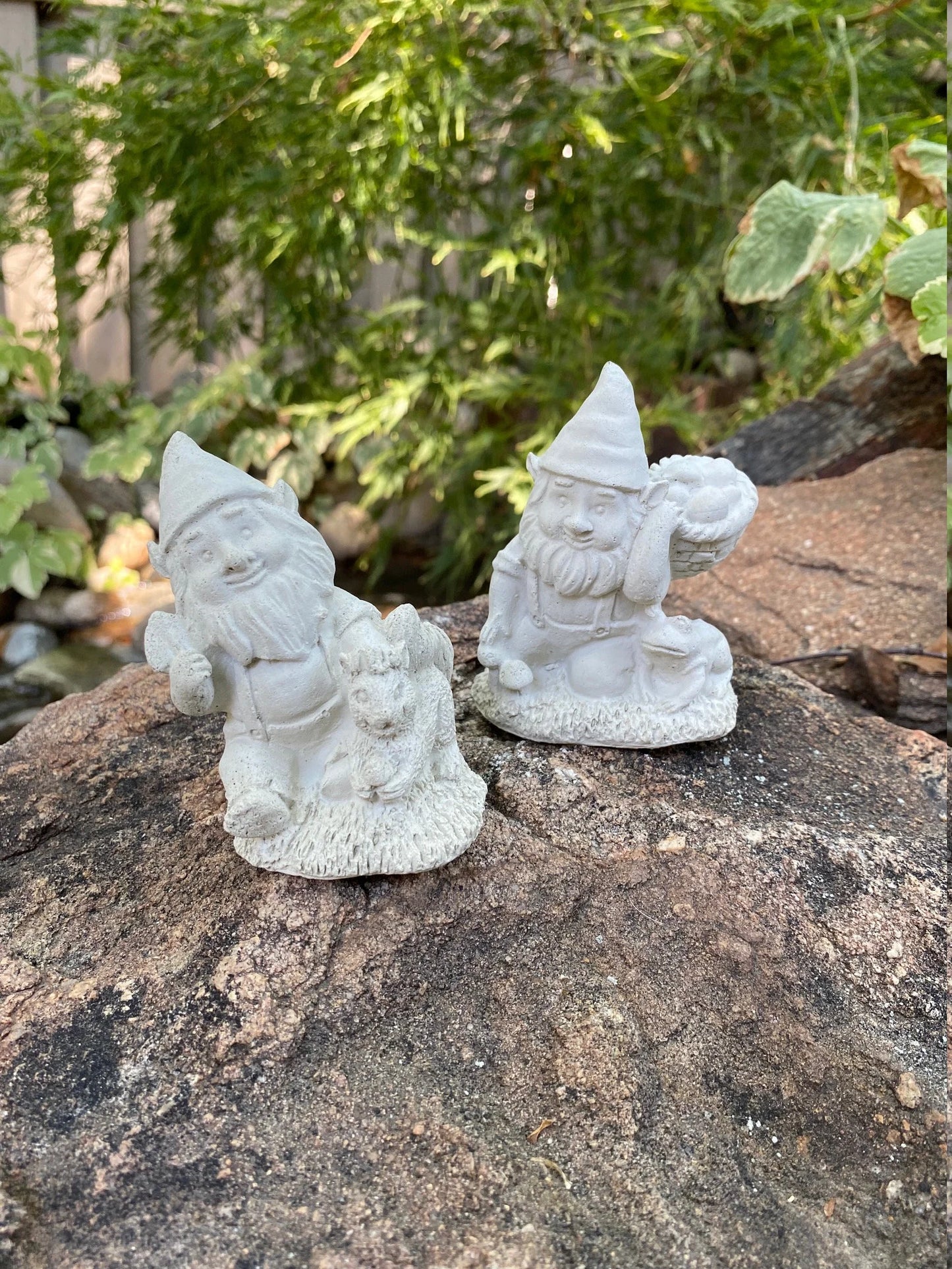 Three Garden Gnome Set Cement Figurines