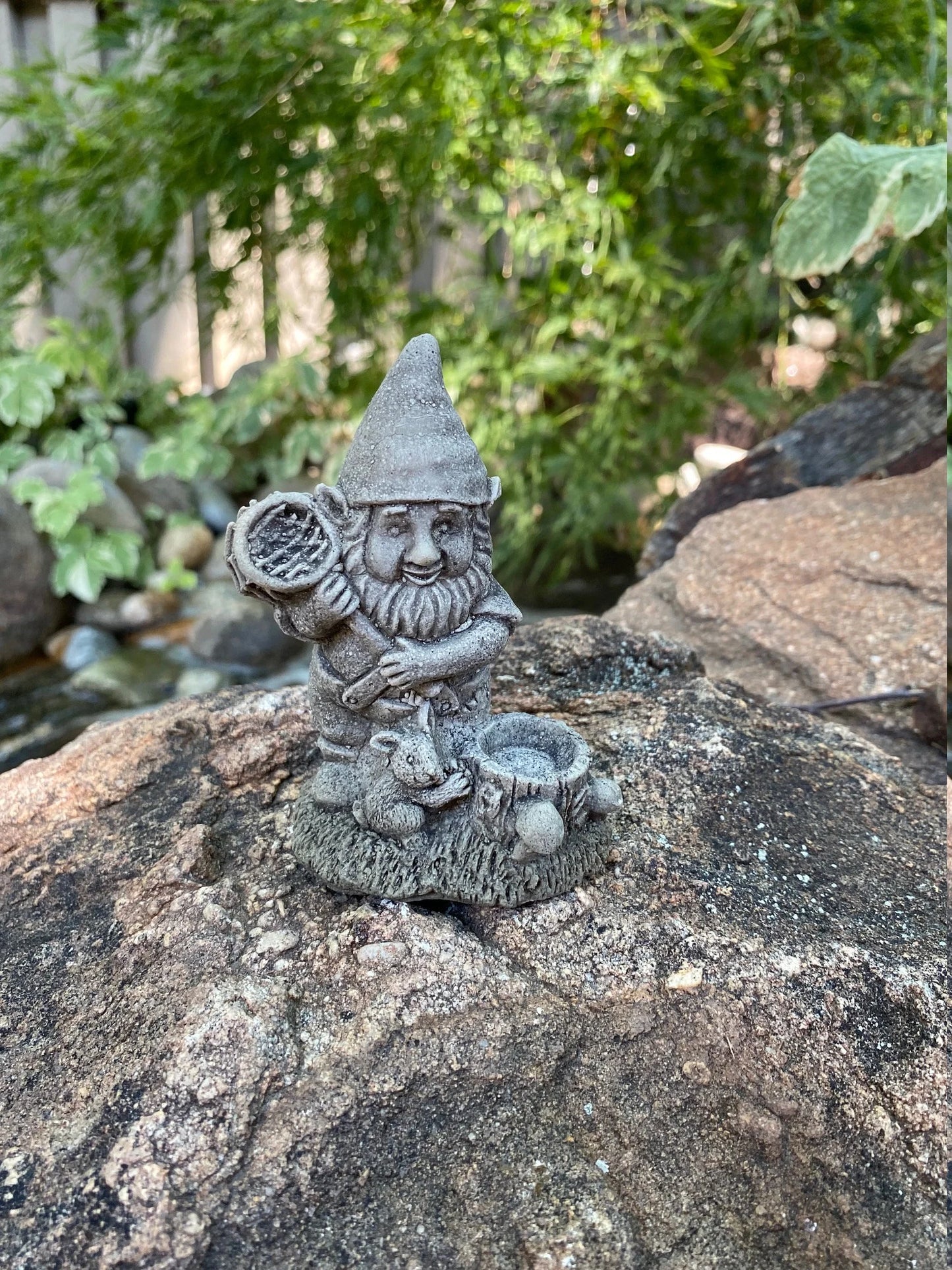 Three Garden Gnome Set Cement Figurines