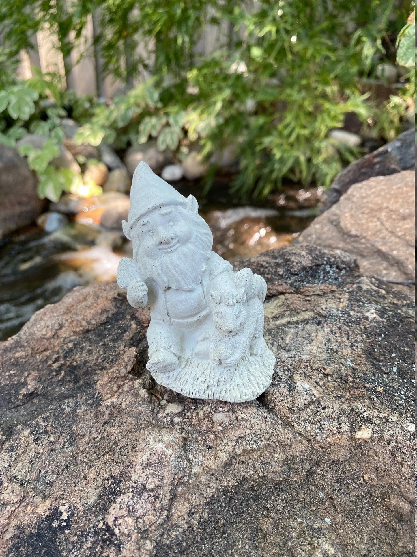 Three Garden Gnome Set Cement Figurines