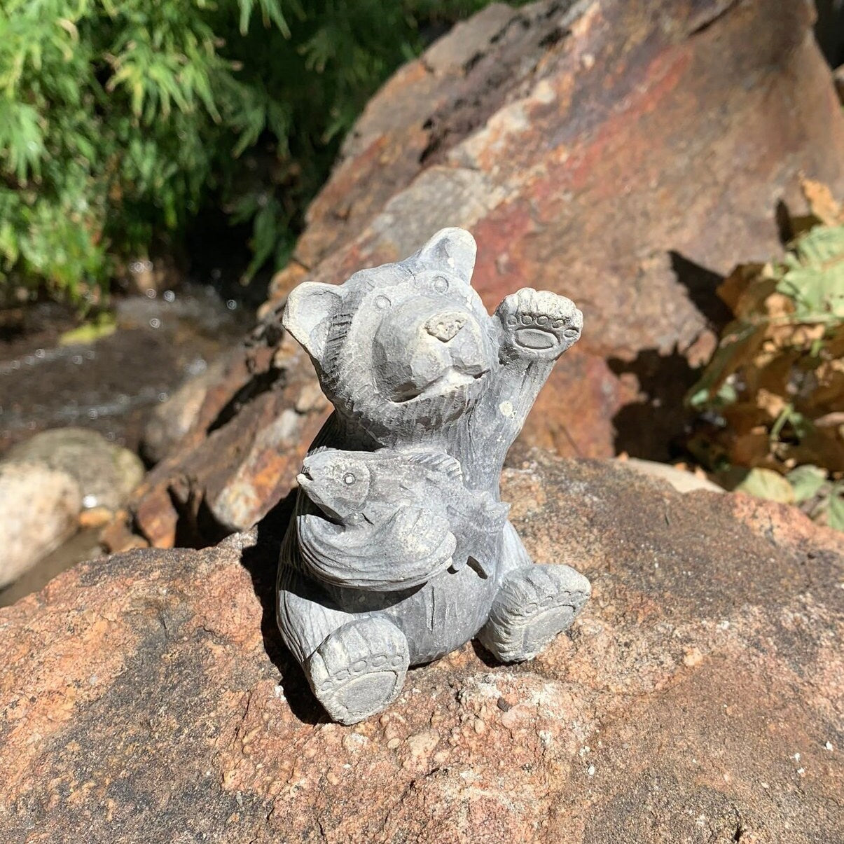 Handmade Bear with Fish Cement Statue