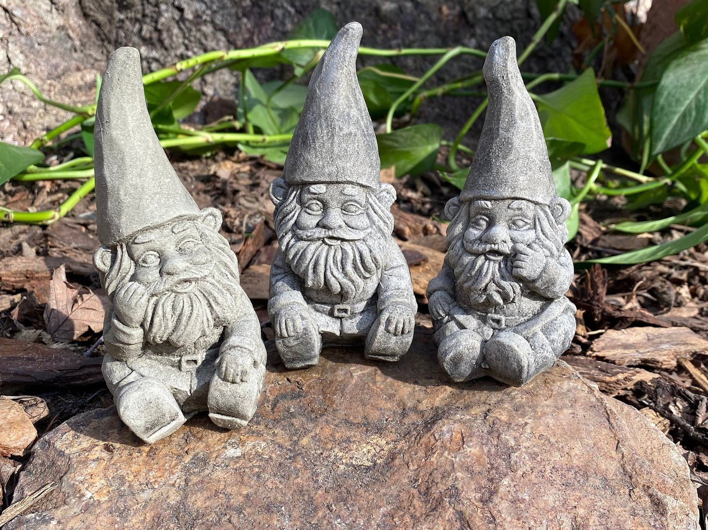 Handmade "The Three Gnomes" Matching Set Cement Statues