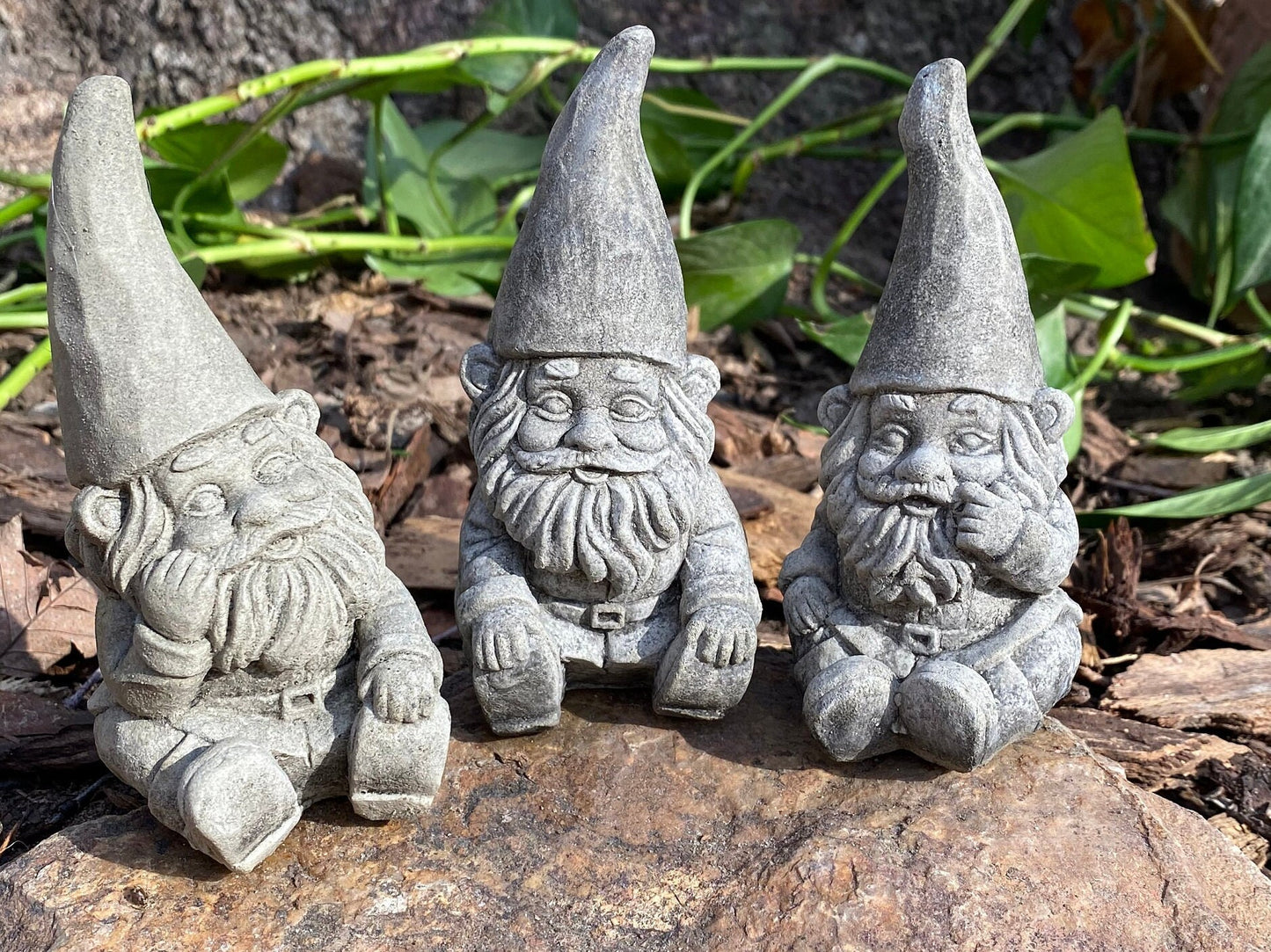 Handmade "The Three Gnomes" Matching Set Cement Statues
