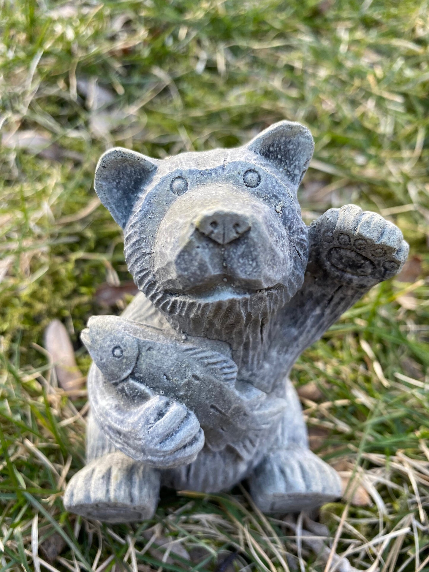 Handmade Bear with Fish Cement Statue