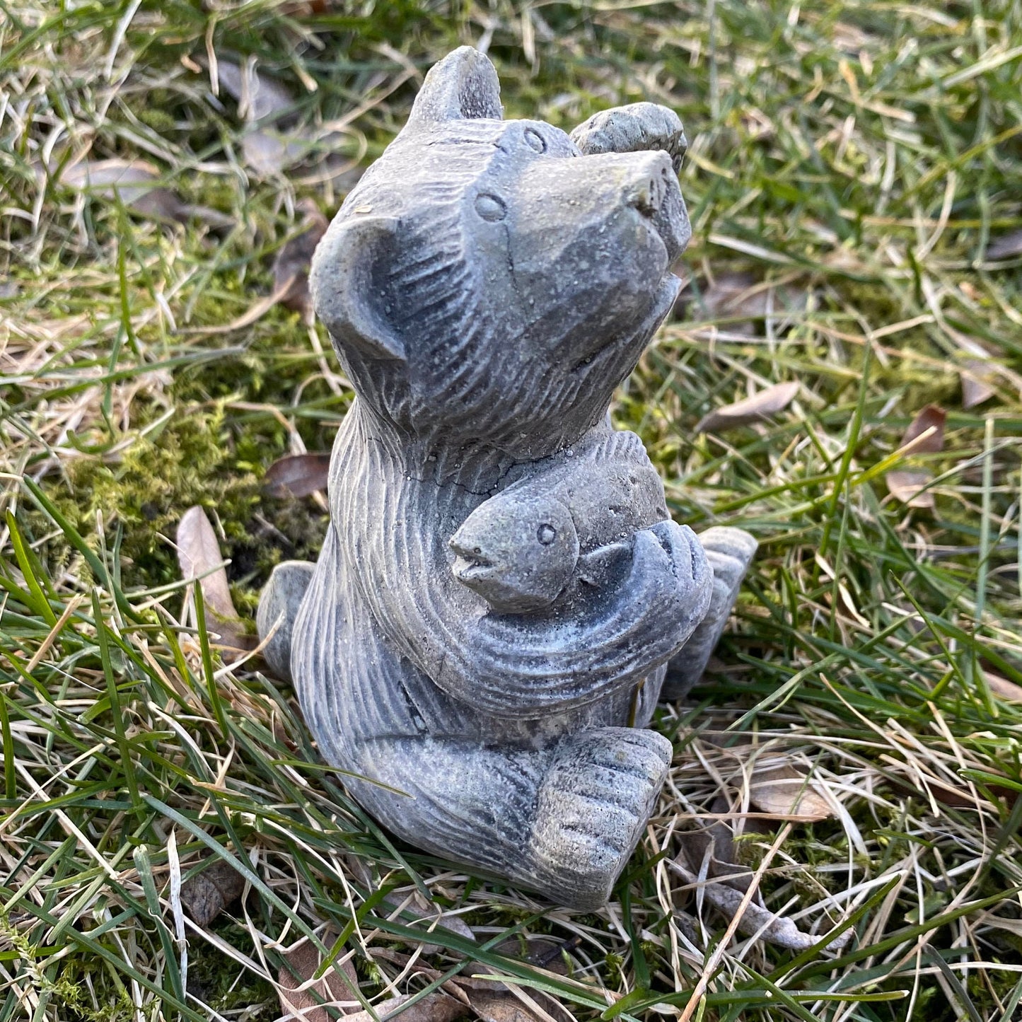 Handmade Bear with Fish Cement Statue