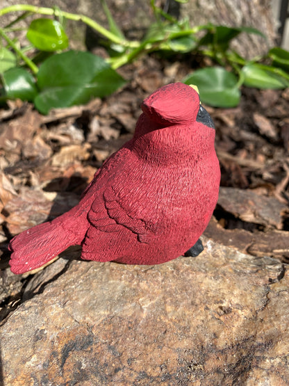 Handmade cement cardinal figurine, hand-painted in vibrant red, perfect for garden decor or indoor display.