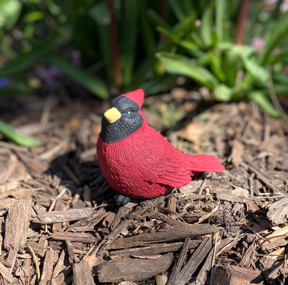 Handmade cement cardinal figurine, hand-painted in vibrant red, perfect for garden decor or indoor display.