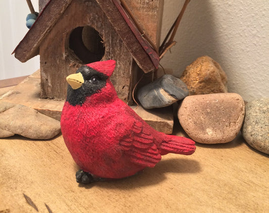 Handmade cement cardinal figurine, hand-painted in vibrant red, perfect for garden decor or indoor display.
