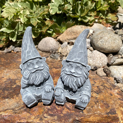 Handmade concrete garden gnome pair, perfect for outdoor decor. Cement gnome statues for yard, patio, or garden decoration