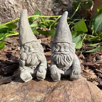 Handmade concrete garden gnome pair, perfect for outdoor decor. Cement gnome statues for yard, patio, or garden decoration
