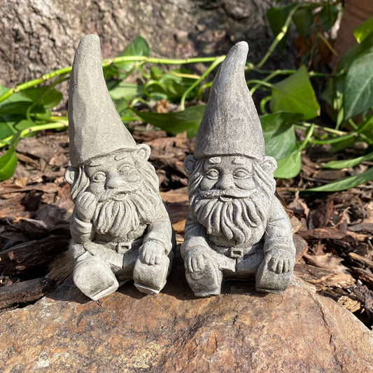 Handmade concrete garden gnome pair, perfect for outdoor decor. Cement gnome statues for yard, patio, or garden decoration