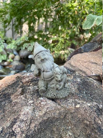 Handmade Garden Gnome with Squirrel Cement Statue