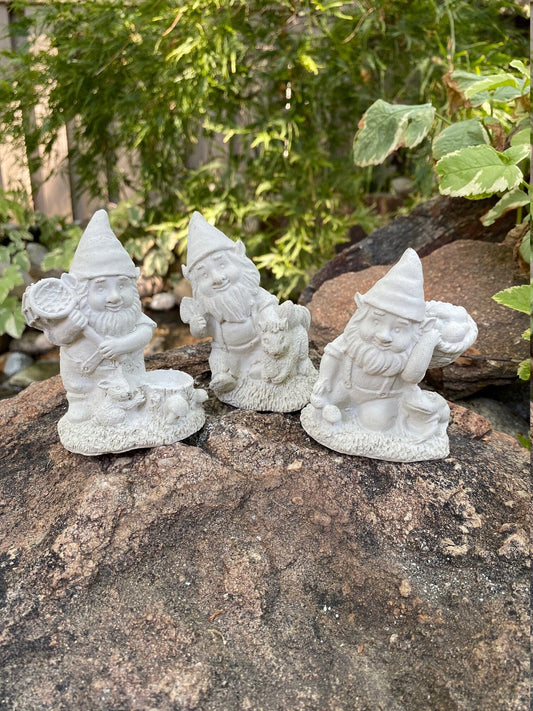 Three Garden Gnome Set Cement Figurines