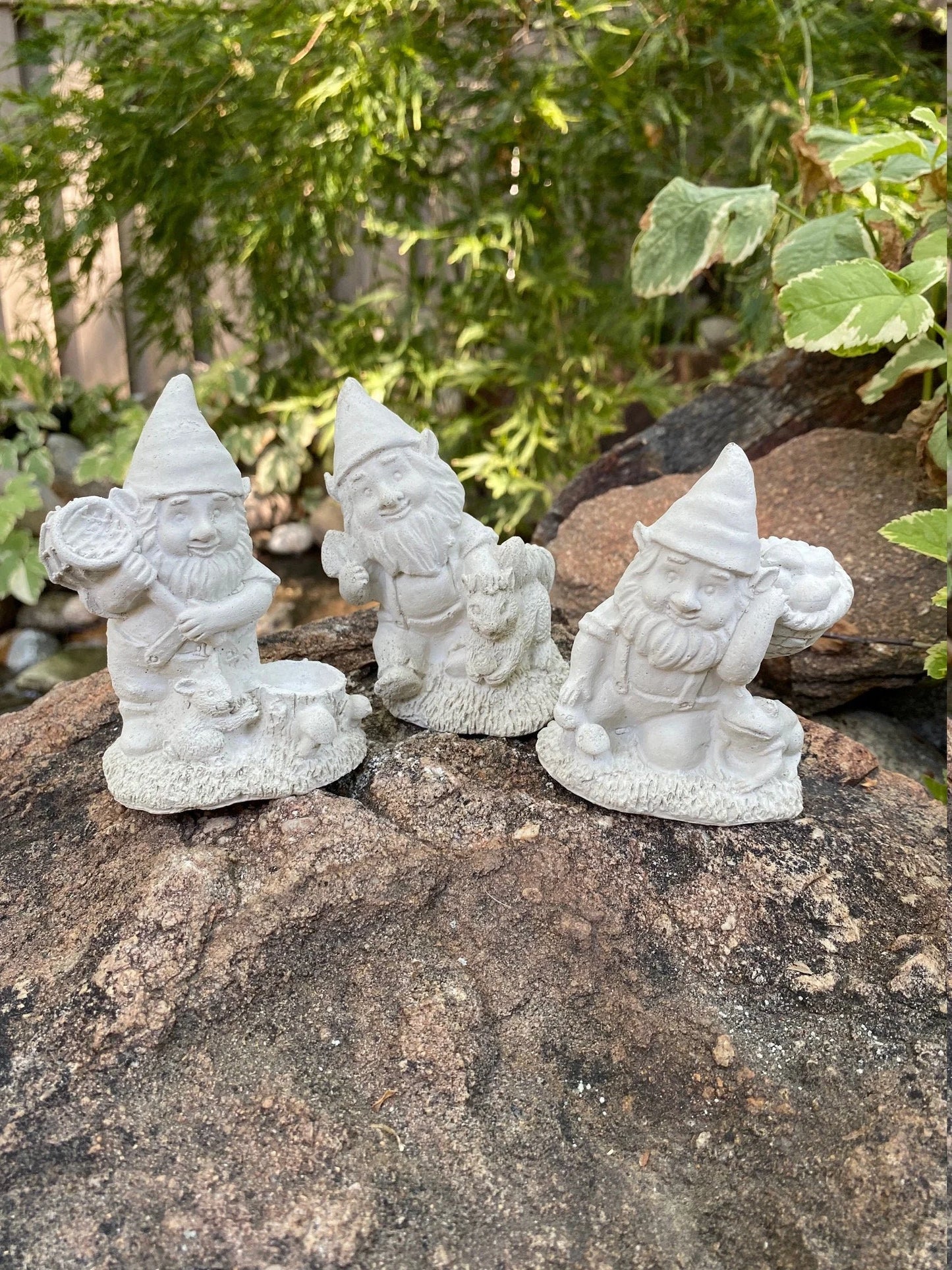 Three Garden Gnome Set Cement Figurines