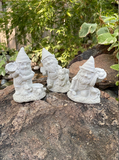 Three Garden Gnome Set Cement Figurines