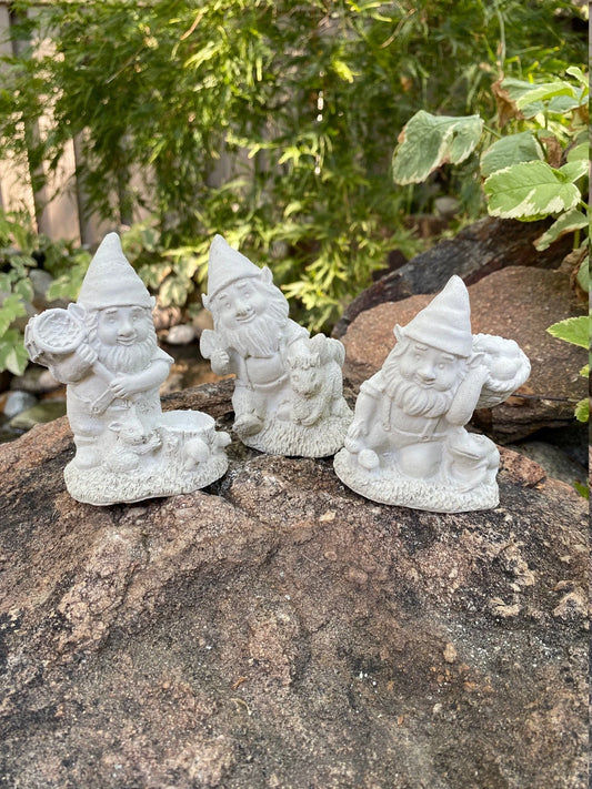 Three Garden Gnome Set Cement Figurines