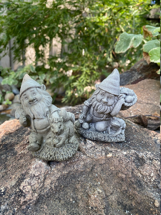 Handmade Pair of Garden Gnomes Display Cement Statues