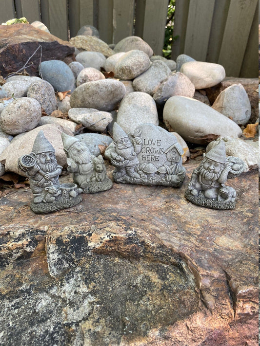 Handmade Garden Gnomes Full Four Piece Set Statues