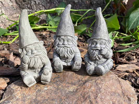 Handmade "The Three Gnomes" Matching Set Cement Statues